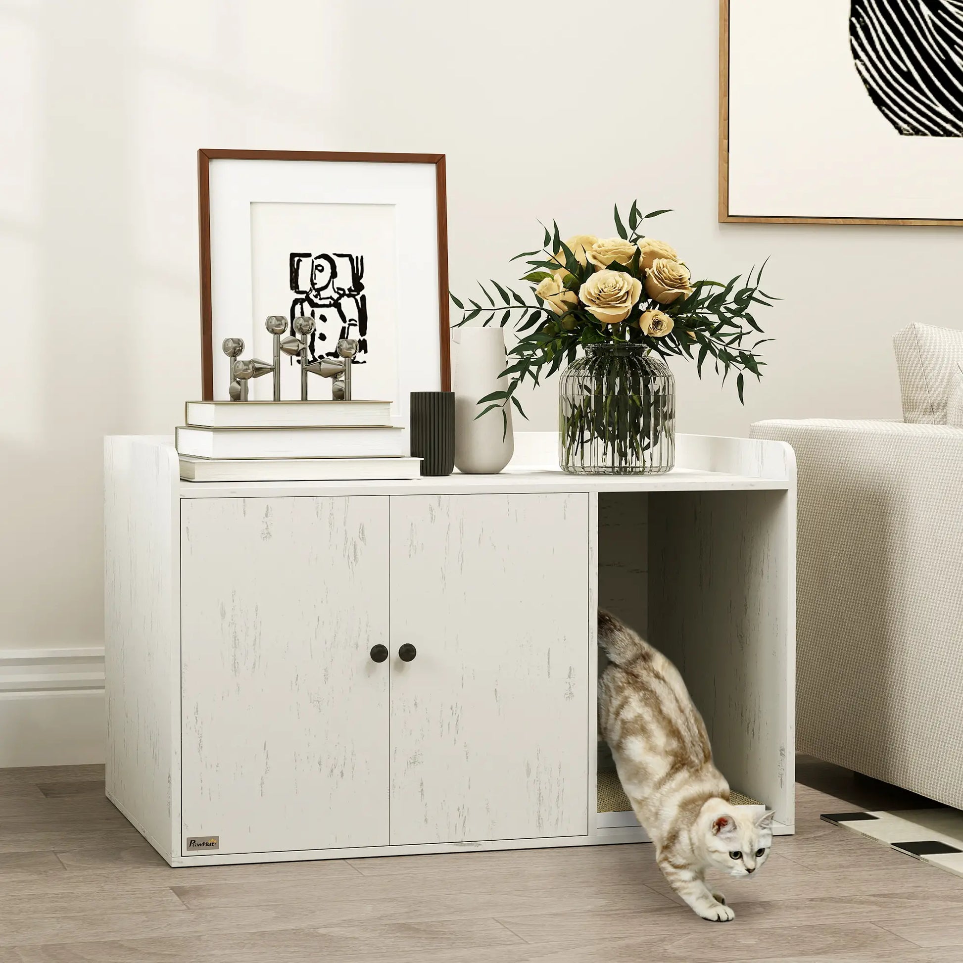 32" Cat Litter Box Enclosure, Scratching Mat, Cat Entrance, Distressed, White Cat Litter Box Enclosures at Gallery Canada