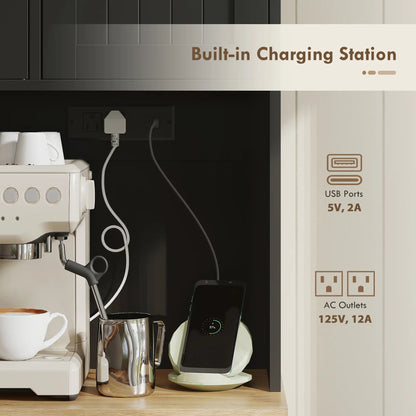 68" Pantry Cabinet with Charging Station, Microwave Stand, 4 Door Racks, Black Kitchen Pantry Cabinets at Gallery Canada