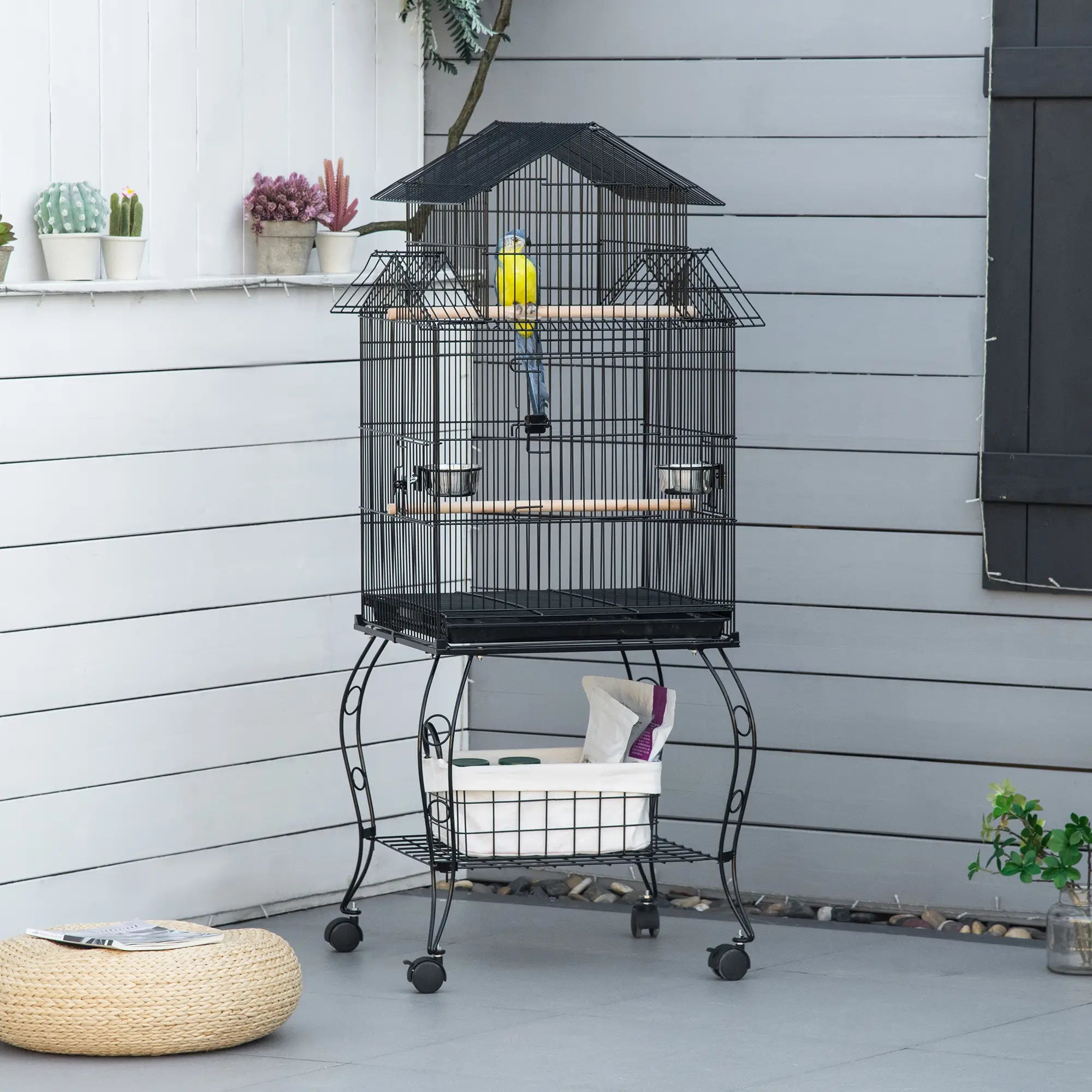 53.9'' Large Rolling Bird Cage, Detachable Stand, Storage Shelf, Black Bird Cages at Gallery Canada
