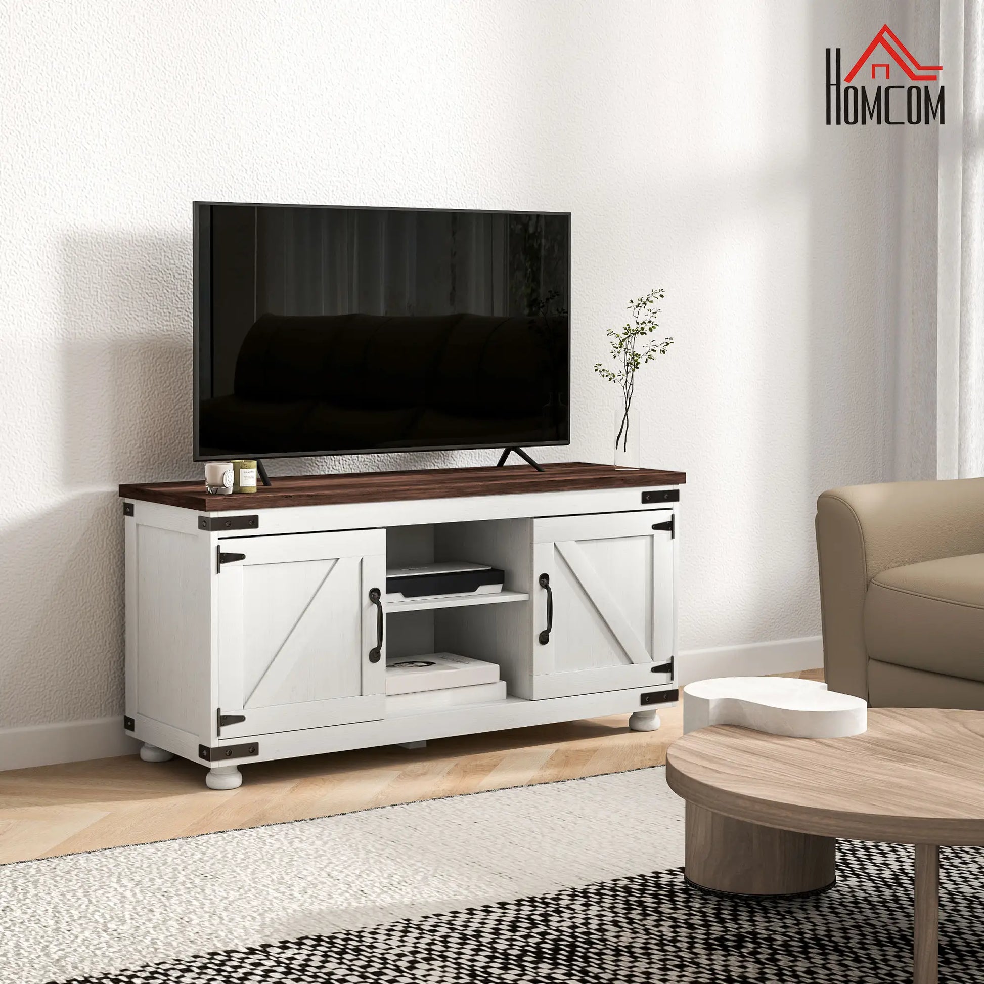 Farmhouse TV Stand for 50" TV, Barn Doors, Cable Management, Distressed White, White TV Stands at Gallery Canada