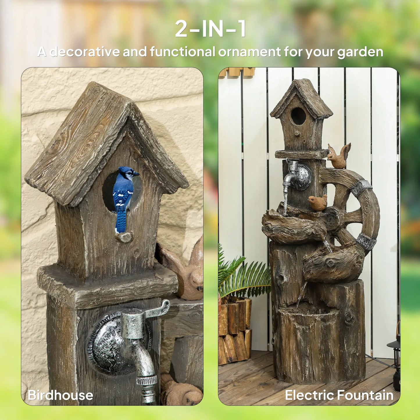 2-in-1 Outdoor Water Fountain With Birdhouse, 13.6" L x 11.6" W x 36.2" H, Mixed Colour Water Fountains at Gallery Canada