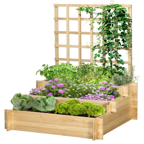 Wooden Elevated Planter Box with Trellis, 3 Tier Garden Bed, Outdoor, Natural