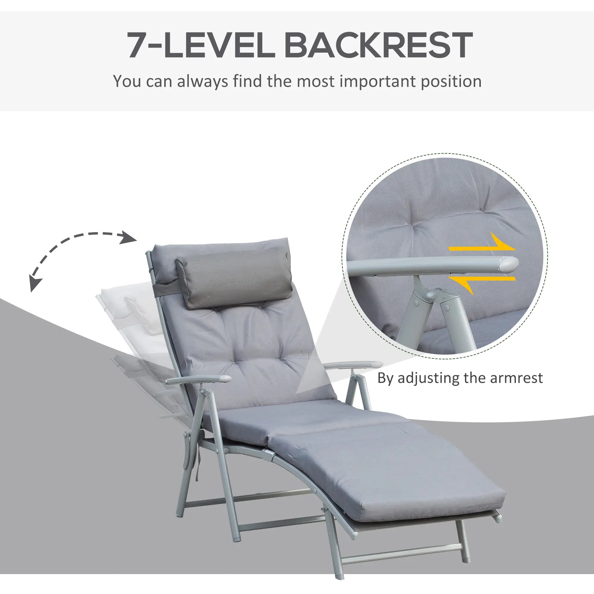 Outdoor Folding Chaise Lounge, Adjustable Backrest, Cushion, Headrest, Grey Lounger Chairs at Gallery Canada