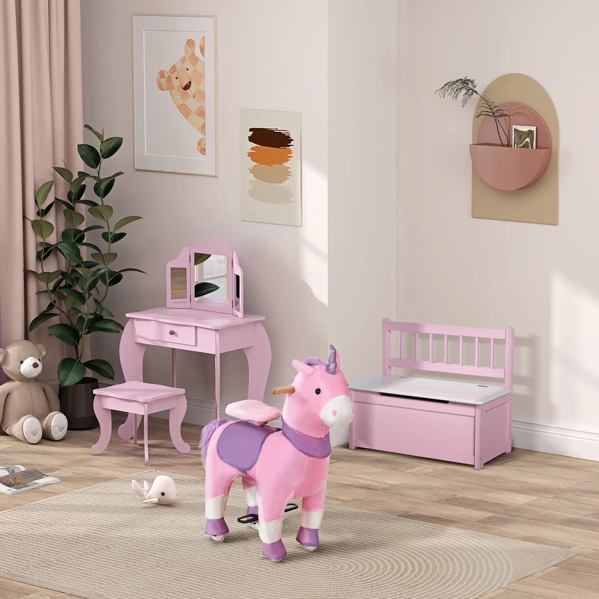 Kids Vanity Table and Stool, Makeup Set with Tri-Folding Mirrors, Pink Kids Bedroom Furniture at Gallery Canada