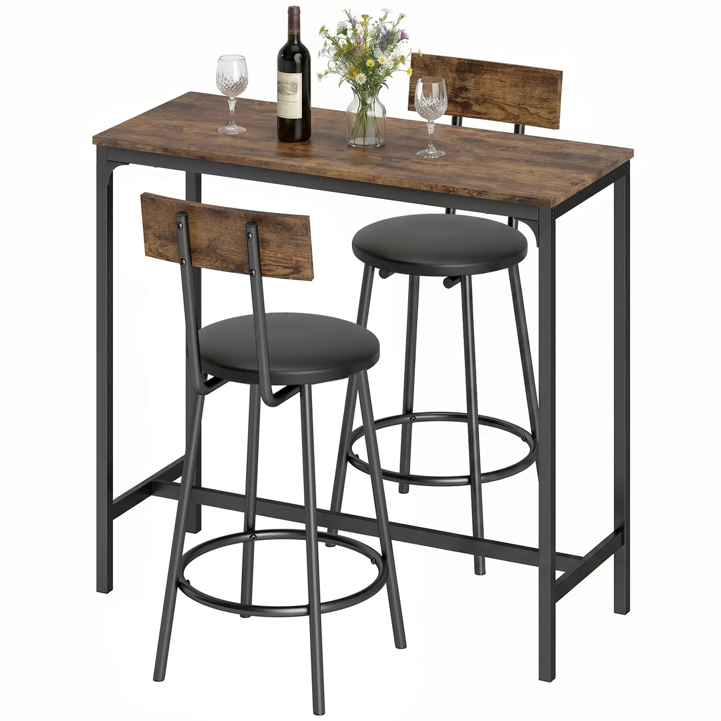 Bar Table Set With 2 Counter Height Barstools, Rustic Brown