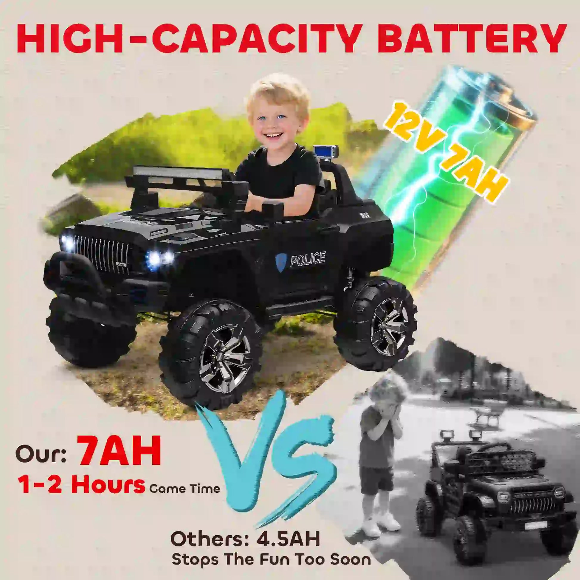 12V Ride On Police Car, 2 Seater, For Kids 3-8 Years, Remote Control, LED Lights, MP3, Black Electric Toy Cars at Gallery Canada