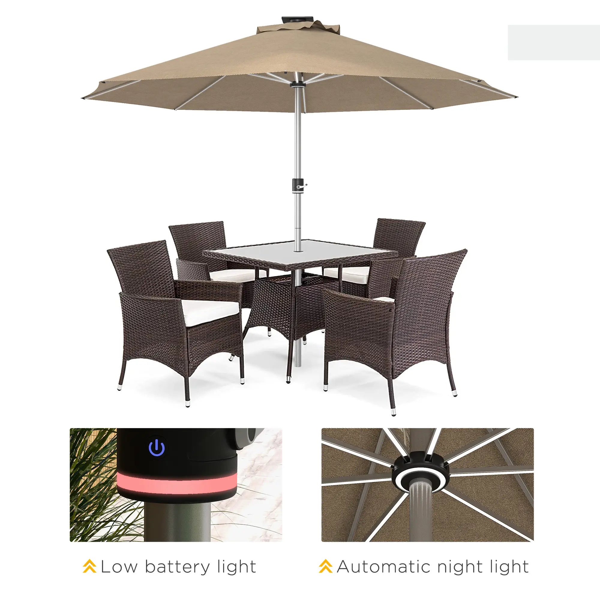 LED Patio Umbrella, Solar & USB Charging, 4 Lighting Modes, Khaki Sun Umbrellas at Gallery Canada