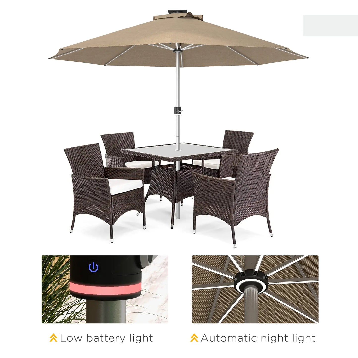 LED Patio Umbrella, Solar & USB Charging, 4 Lighting Modes, Khaki Sun Umbrellas at Gallery Canada