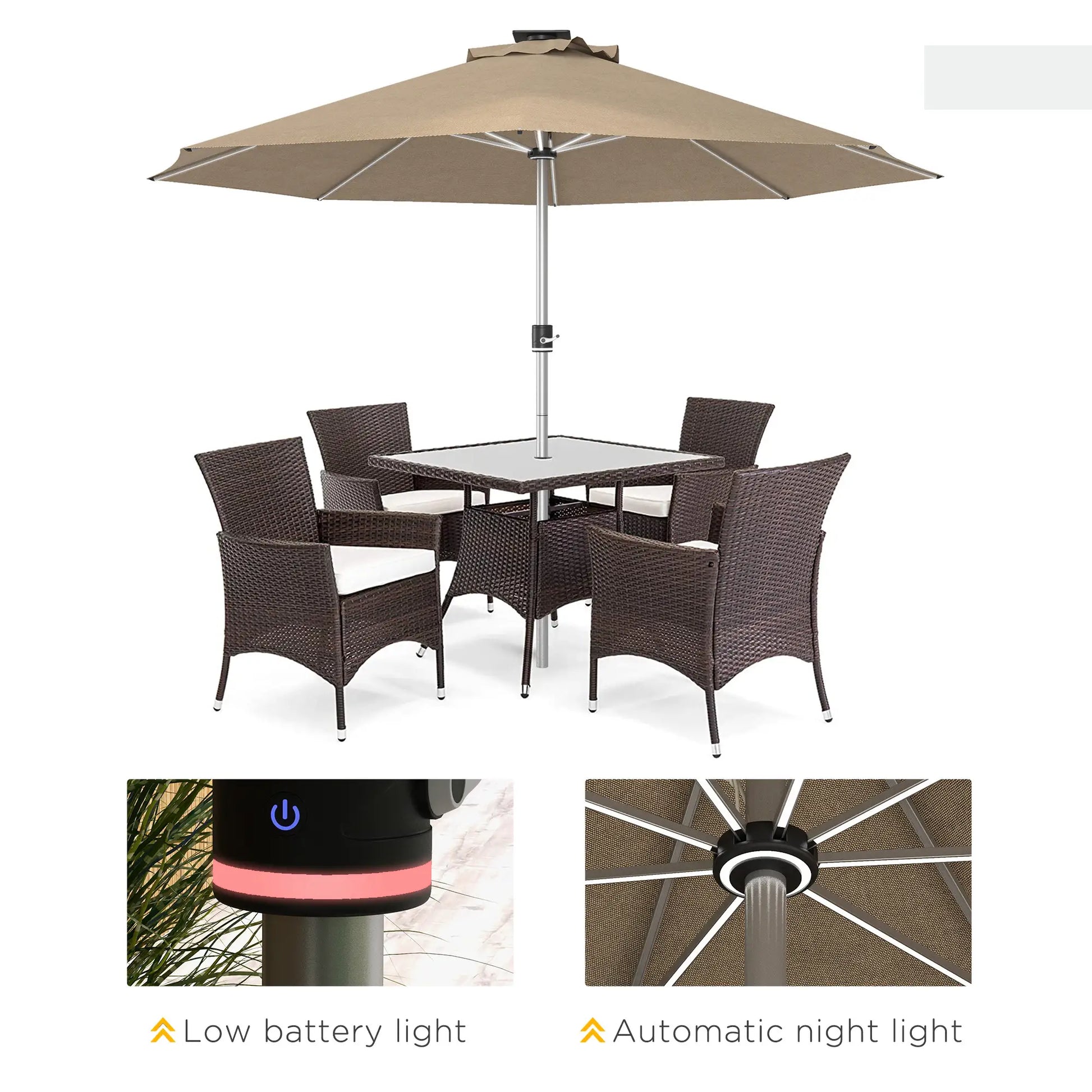 LED Patio Umbrella, Solar & USB Charging, 4 Lighting Modes, Khaki Sun Umbrellas at Gallery Canada