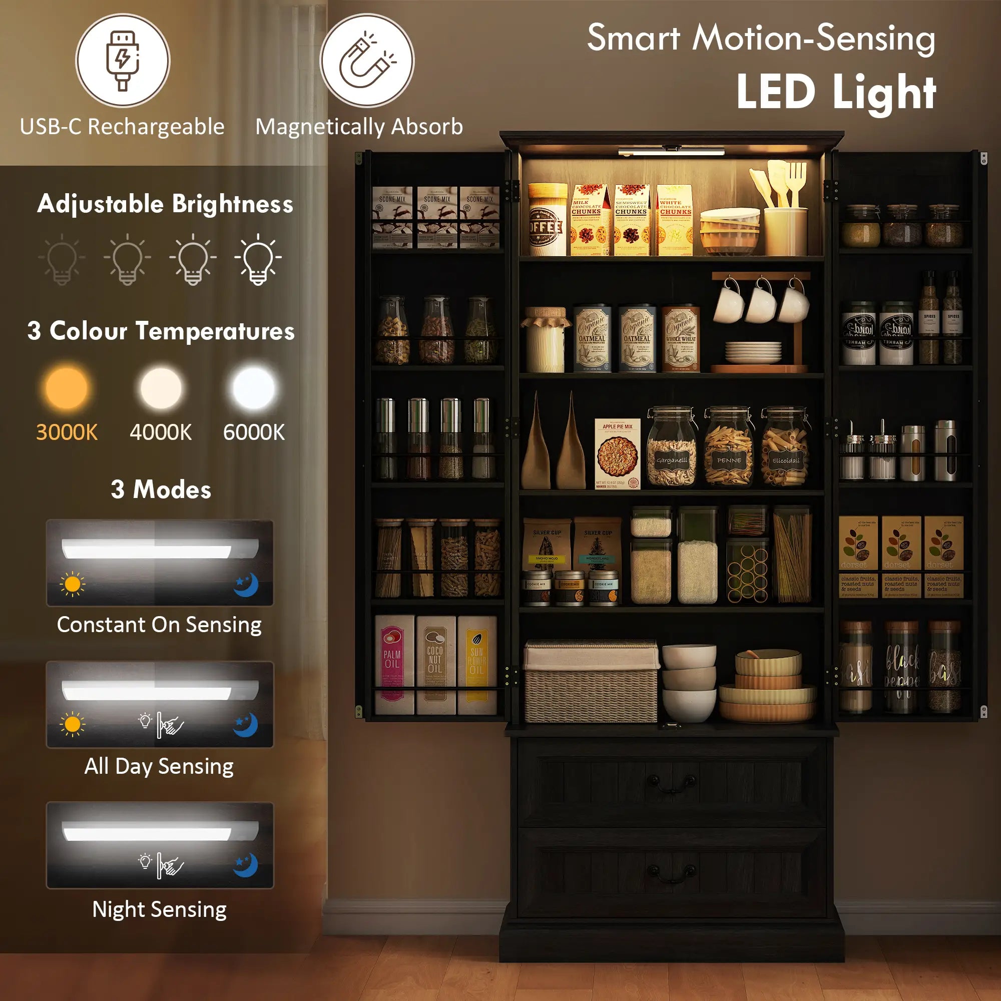 72 Inch LED Kitchen Pantry Cabinet, 10 Shelves, 2 Drawers, Black Kitchen Pantry Cabinets at Gallery Canada