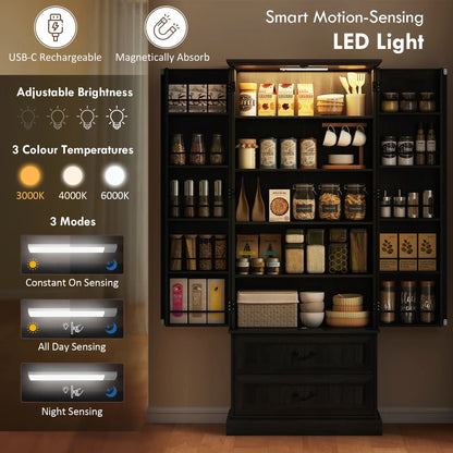 72 Inch LED Kitchen Pantry Cabinet, 10 Shelves, 2 Drawers, Black Kitchen Pantry Cabinets at Gallery Canada