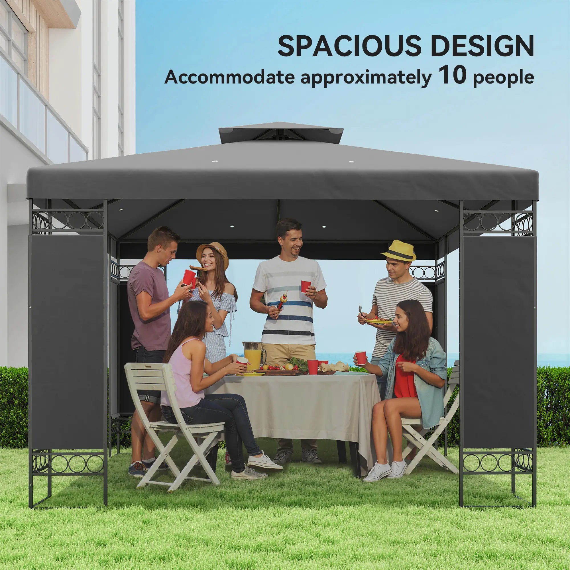 10 x 10 FT Canopy Gazebo, Double Roof With Screen Panels, Dark Grey Gazebos at Gallery Canada
