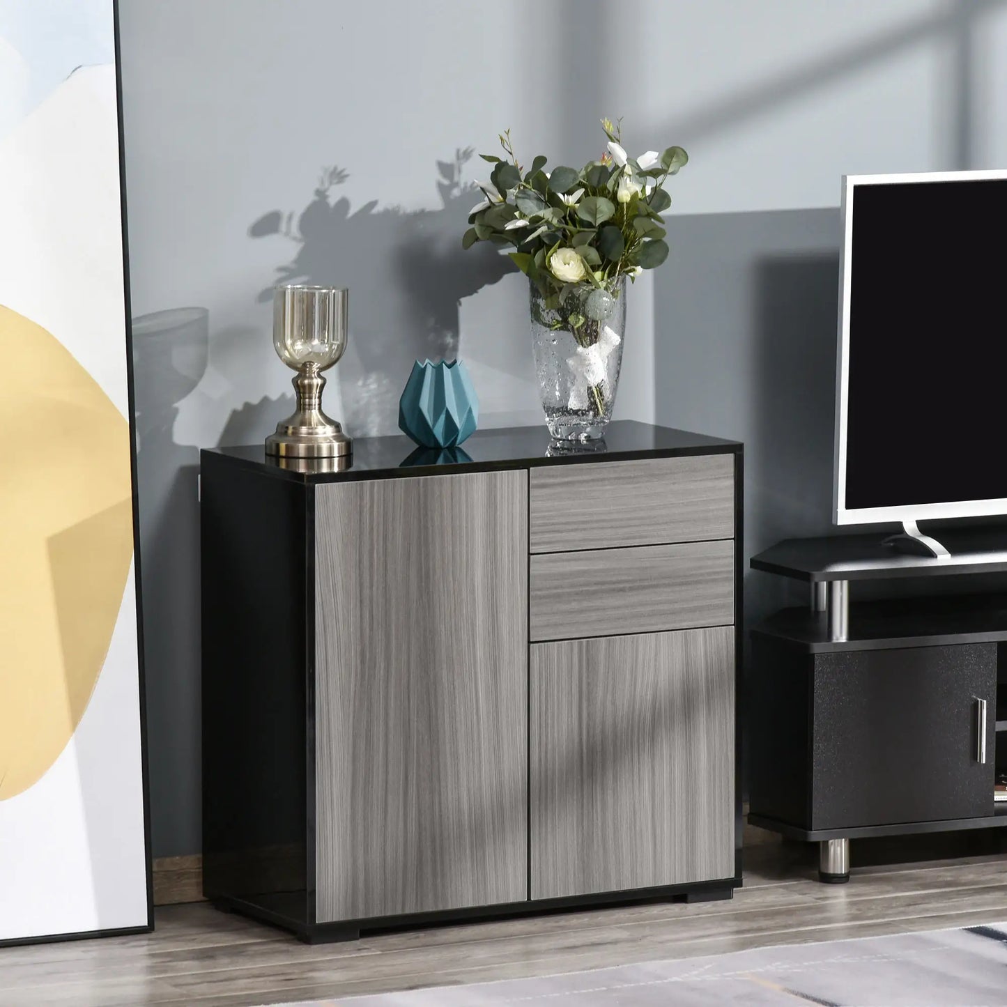 High Gloss Buffet Sideboard, 2 Drawers, 2 Doors, Adjustable Shelf, Kitchen Cabinet, Grey Black