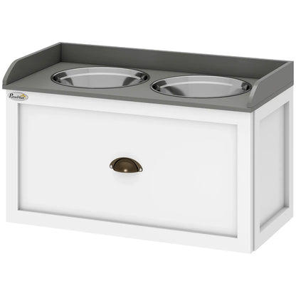Station d'alimentation pour chiens surélevée, 2 bols en acier inoxydable, 23,6"x11,8"x14,2", blanc