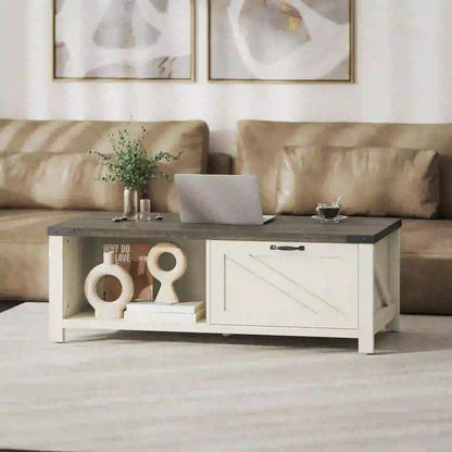Farmhouse Coffee Table with Drawer, Open Shelf, Distressed White Coffee Tables at Gallery Canada