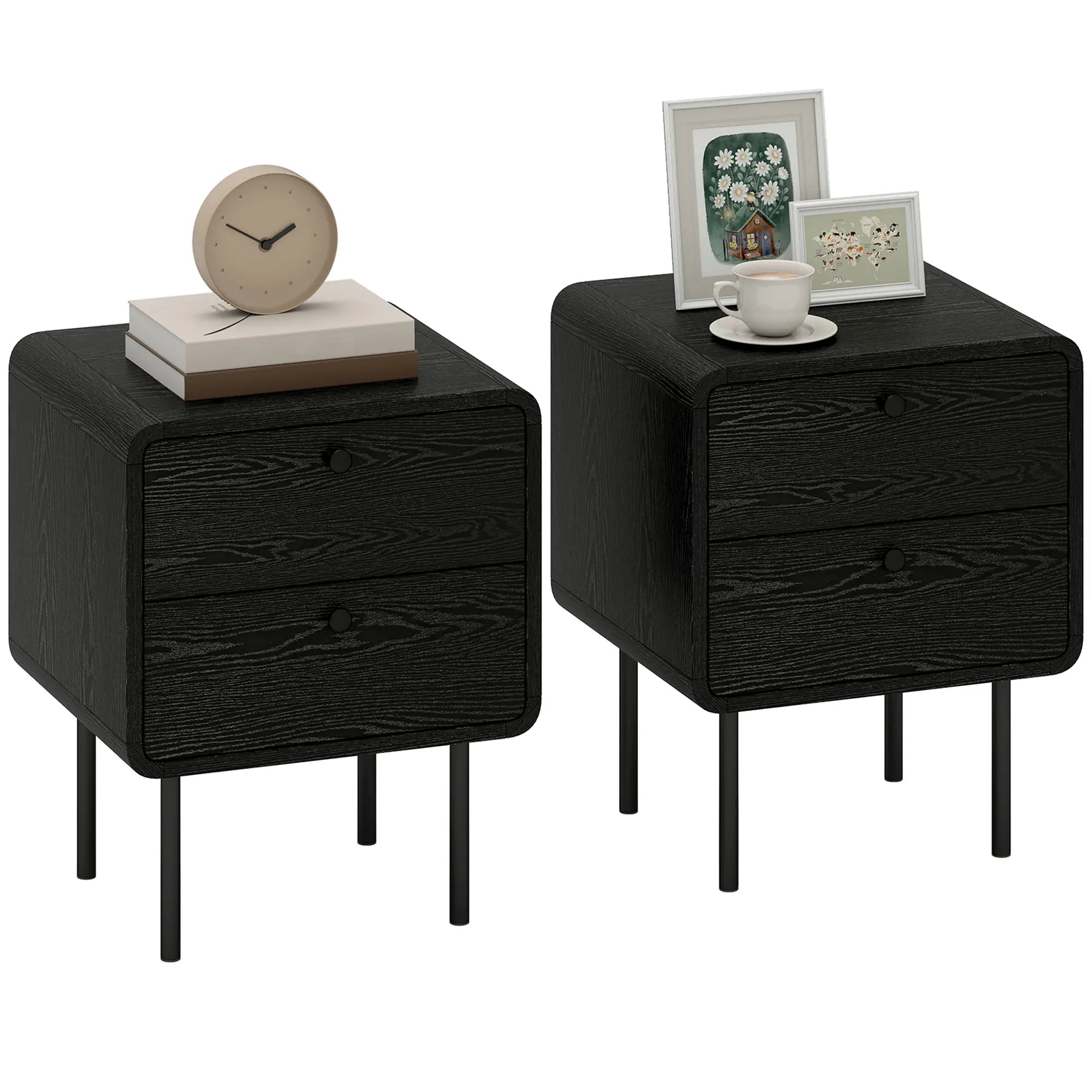 Modern Bedside Tables Set of 2, 2 Drawers, Steel Legs, Black Wood Grain, Black Bedside Tables at Gallery Canada