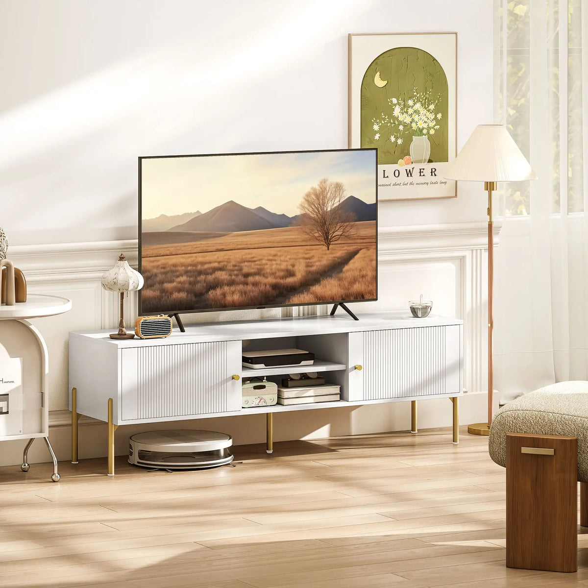 TV Stand for 65 Inch TVs, Entertainment Center with Shelves and Cabinets, White TV Stands at Gallery Canada