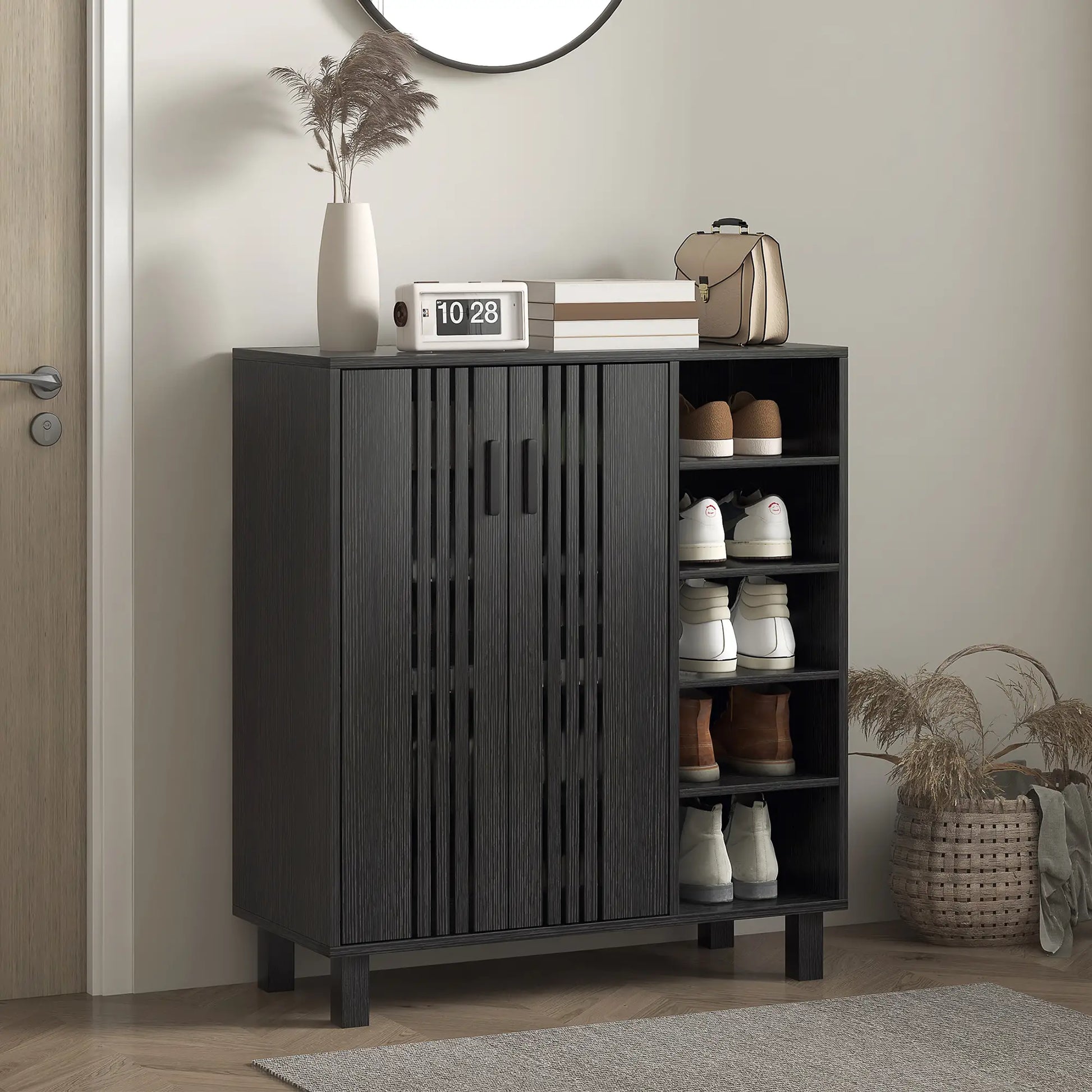 Double Door Shoe Storage, Open Shelves, 17 Pair Organizer, Black Shoe Storage Cabinets & Racks at Gallery Canada