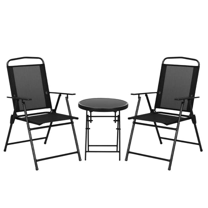 Ensemble Bistro 3 pièces, Mobilier de patio pliable, Chaises en maille, Table en verre, Noir