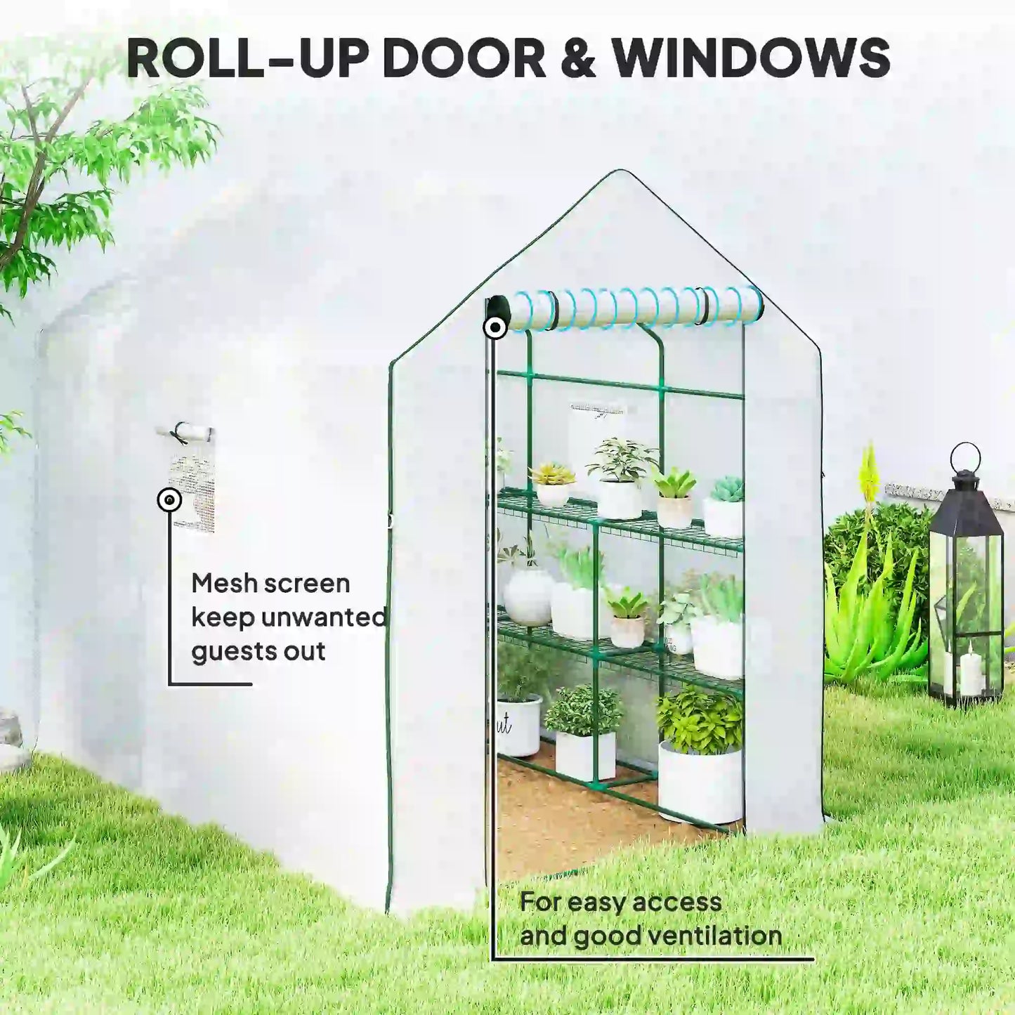 Walk-In Greenhouse, 3 Tier, Roll-Up Door, Mesh Windows, 140 x 213 x 190 cm, White