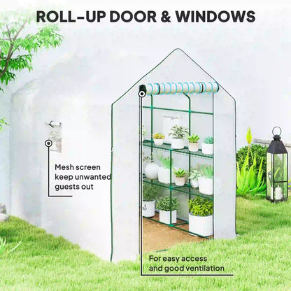 Walk-In Greenhouse, 3 Tier, Roll-Up Door, Mesh Windows, 140 x 213 x 190 cm, White