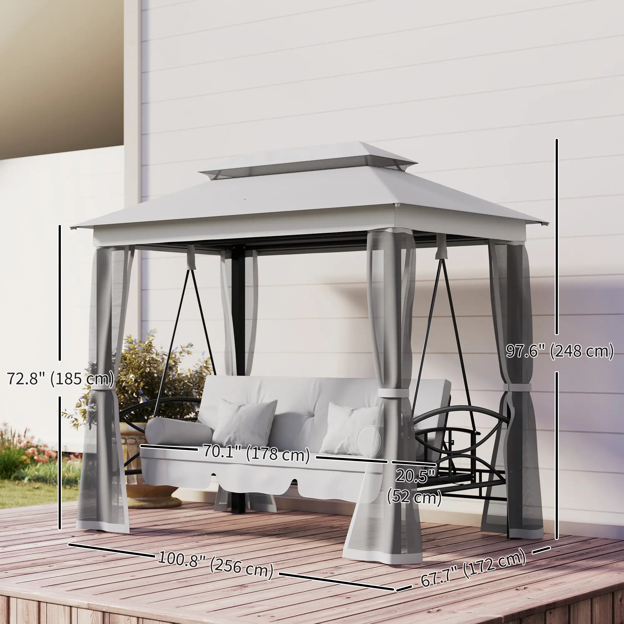 3 Person Outdoor Daybed, Canopy Gazebo Swing Chair, Grey Patio Swings with Stand at Gallery Canada