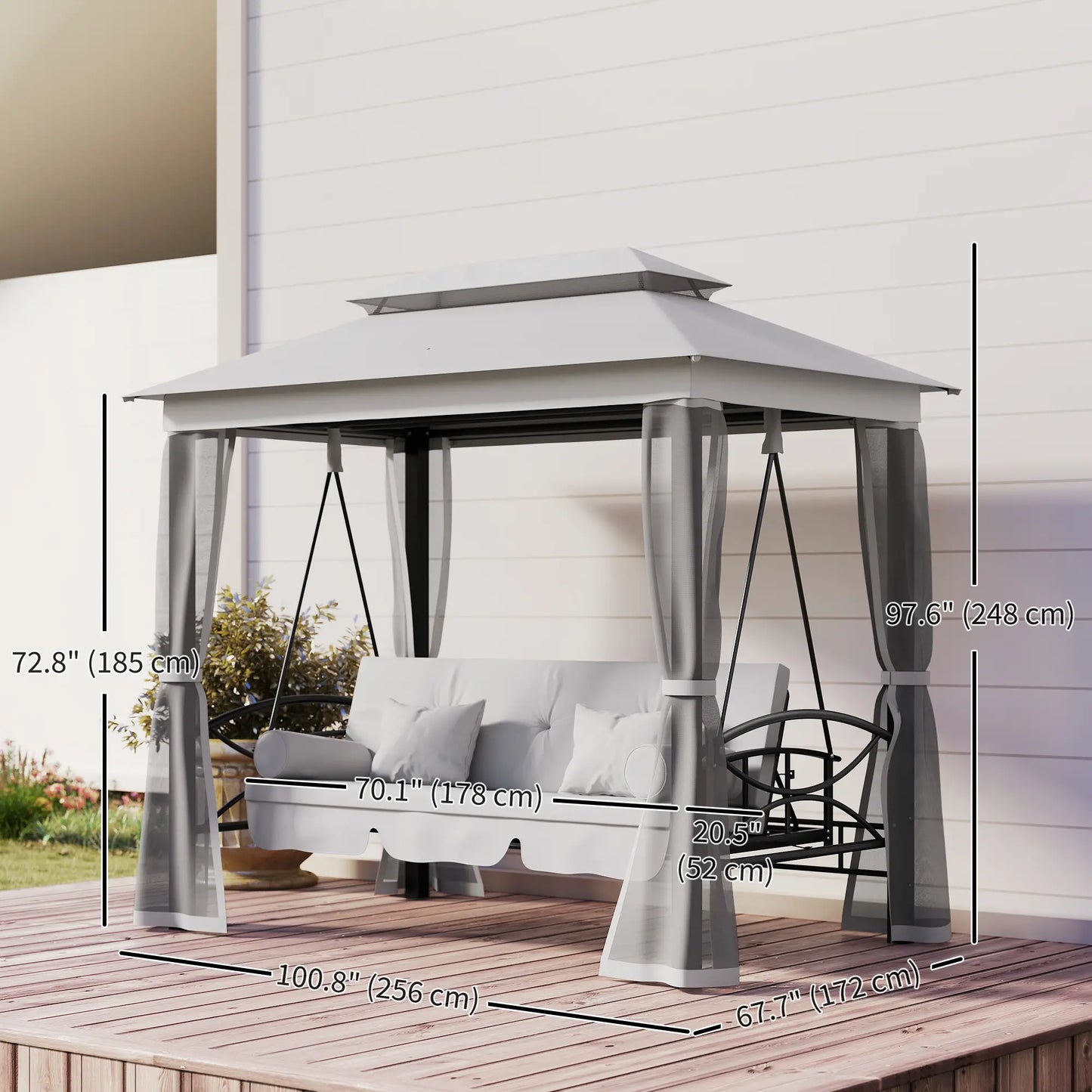 3 Person Outdoor Daybed, Canopy Gazebo Swing Chair, Grey Patio Swings with Stand at Gallery Canada
