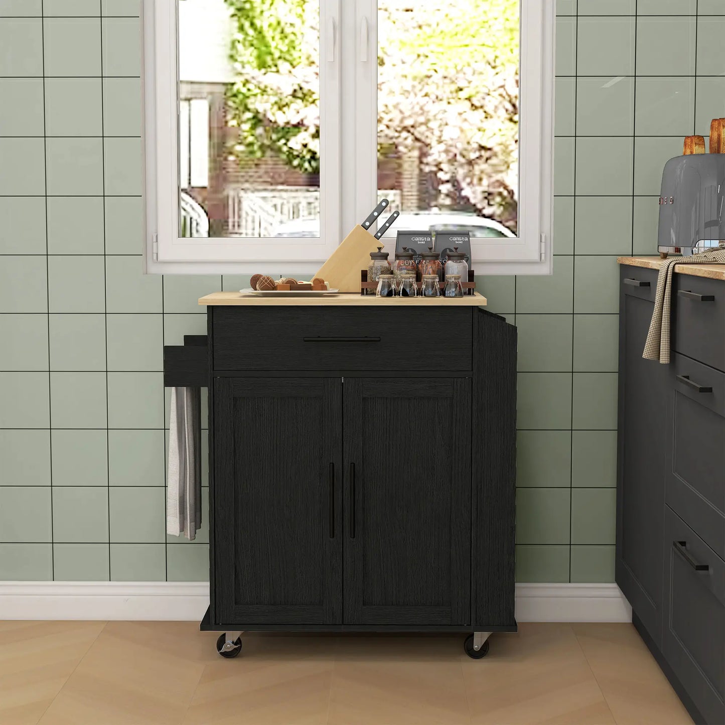 Rolling Island with Wheels for Kitchen, Kitchen Island on Rollers with Power Outlets, Drawer and Doors Kitchen Islands & Kitchen Carts at Gallery Canada