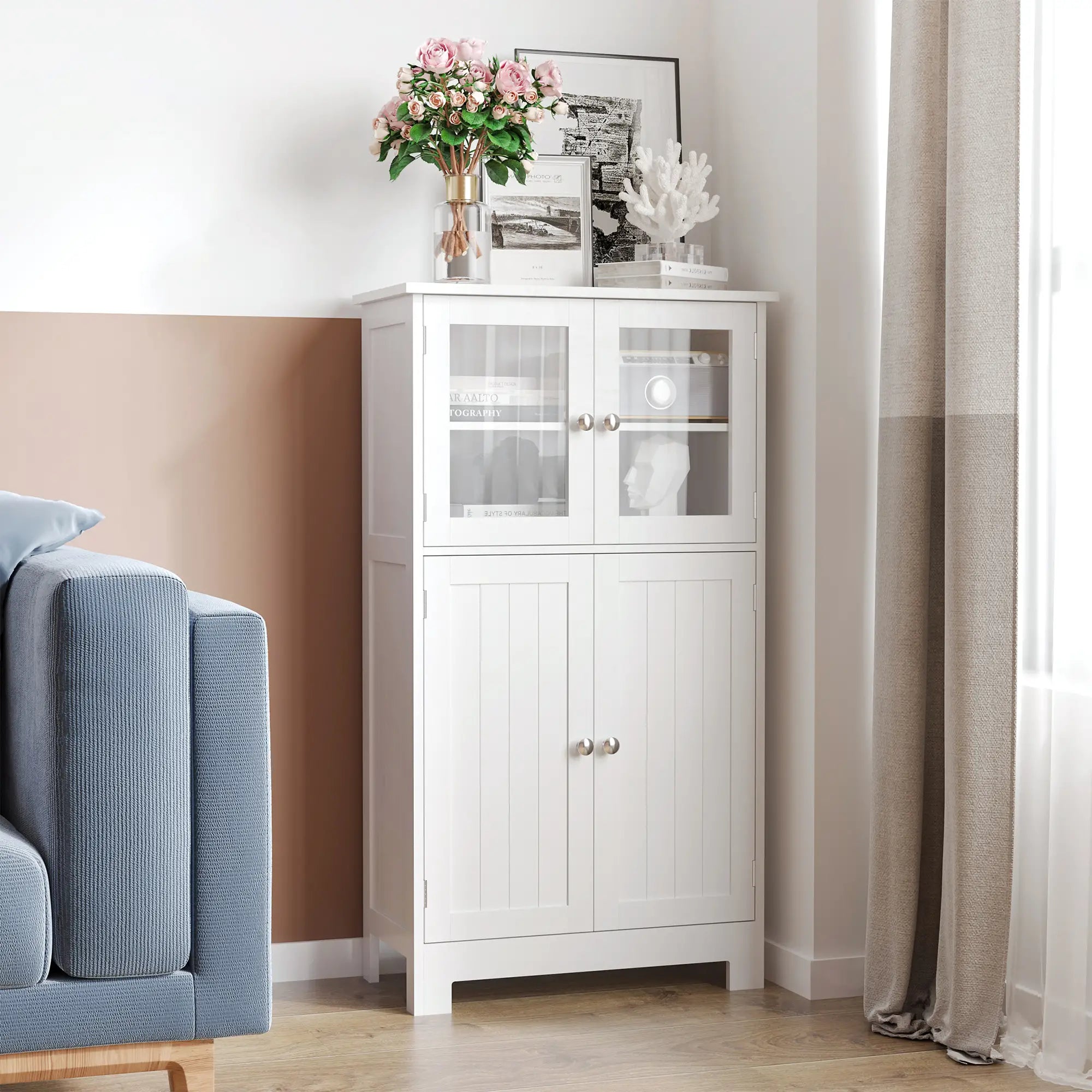 Bathroom Floor Storage Cabinet, Tempered Glass Doors, Adjustable Shelf, White Bathroom Cabinets at Gallery Canada