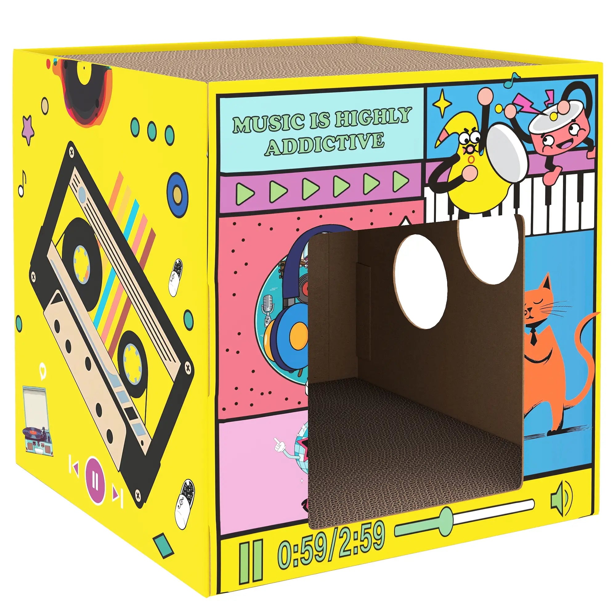 2 in 1 Cardboard Cat House, Cat Scratcher with Scratching Board Cat Houses Yellow, Multicolour at Gallery Canada