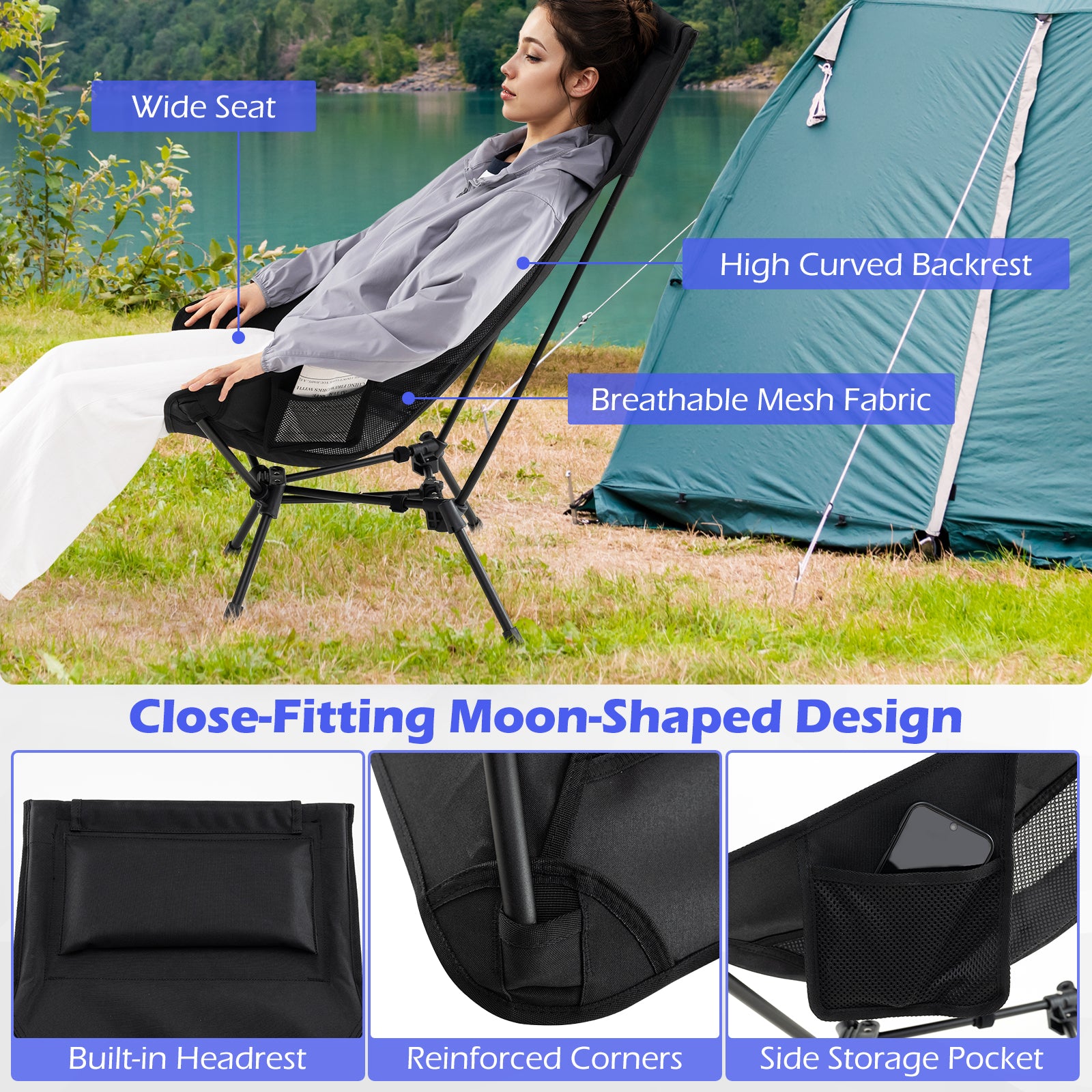High Back Portable Camping Chair with Compact Carry Bag and Pillow, Black Camping Furniture at Gallery Canada