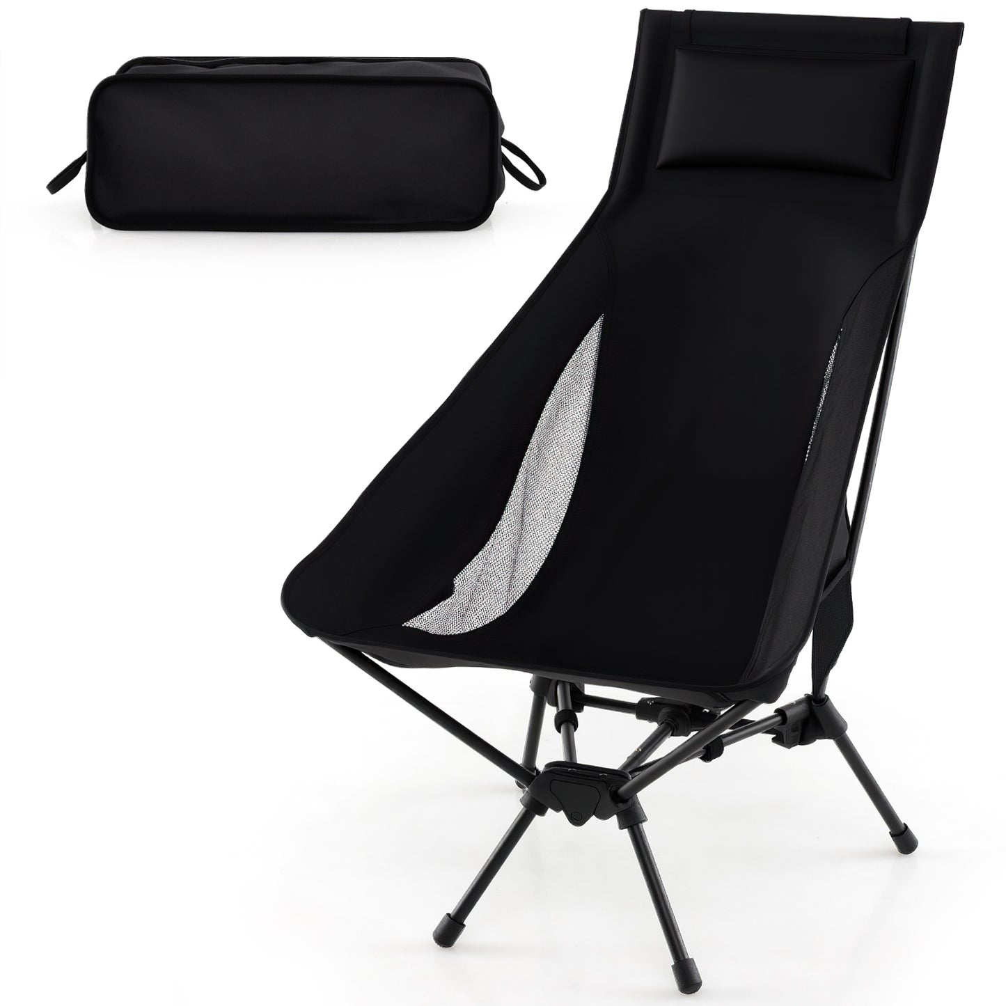 High Back Portable Camping Chair with Compact Carry Bag and Pillow, Black Camping Furniture at Gallery Canada