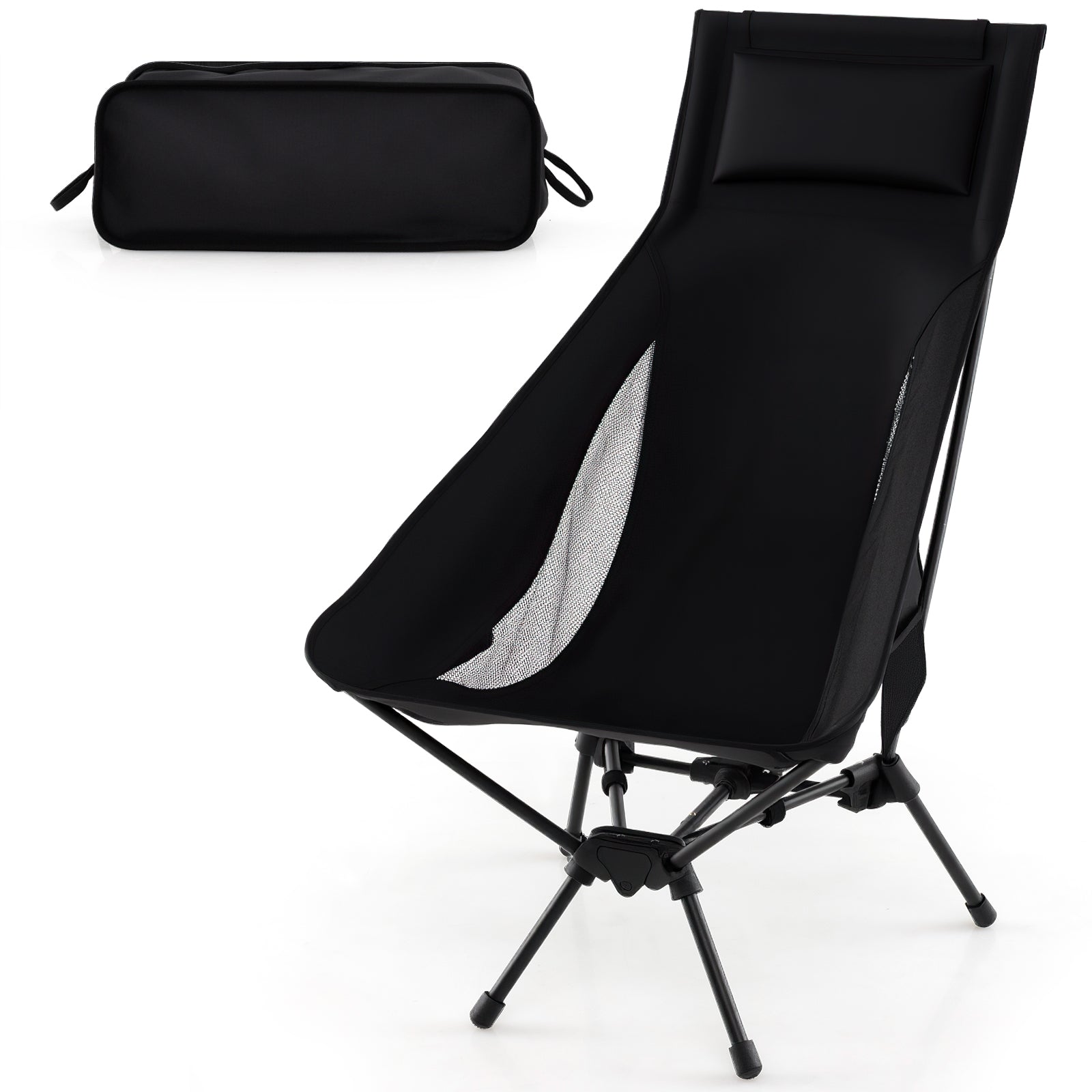 High Back Portable Camping Chair with Compact Carry Bag and Pillow, Black Camping Furniture Black at Gallery Canada