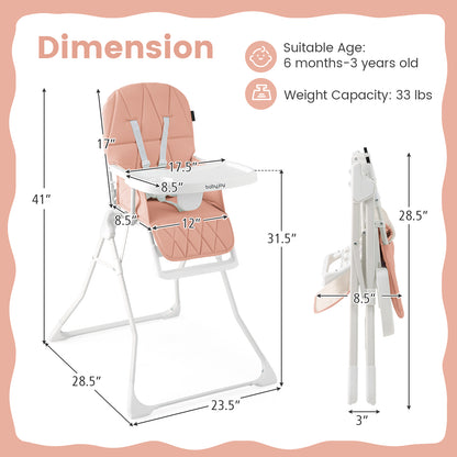 Easy Clean Compact Highchair with Removable Adjustable Tray and PU Seat Cushion, Pink Nursery Furniture at Gallery Canada