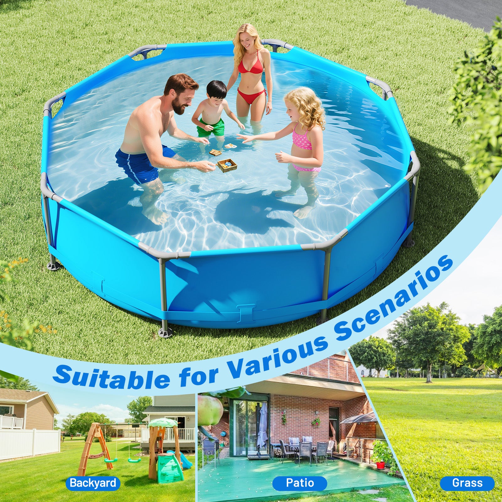 690/978/1158/1617 Gal Outdoor Family Swimming Pool with Metal Frame-10 x 10 ft, Blue Swimming Pools at Gallery Canada