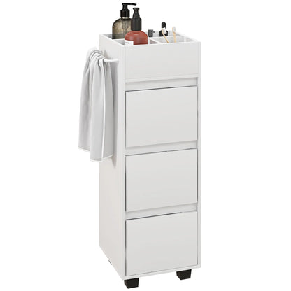 Slim Bathroom Cabinet, 4 Compartments, 3 Drawers, Towel Rack, White