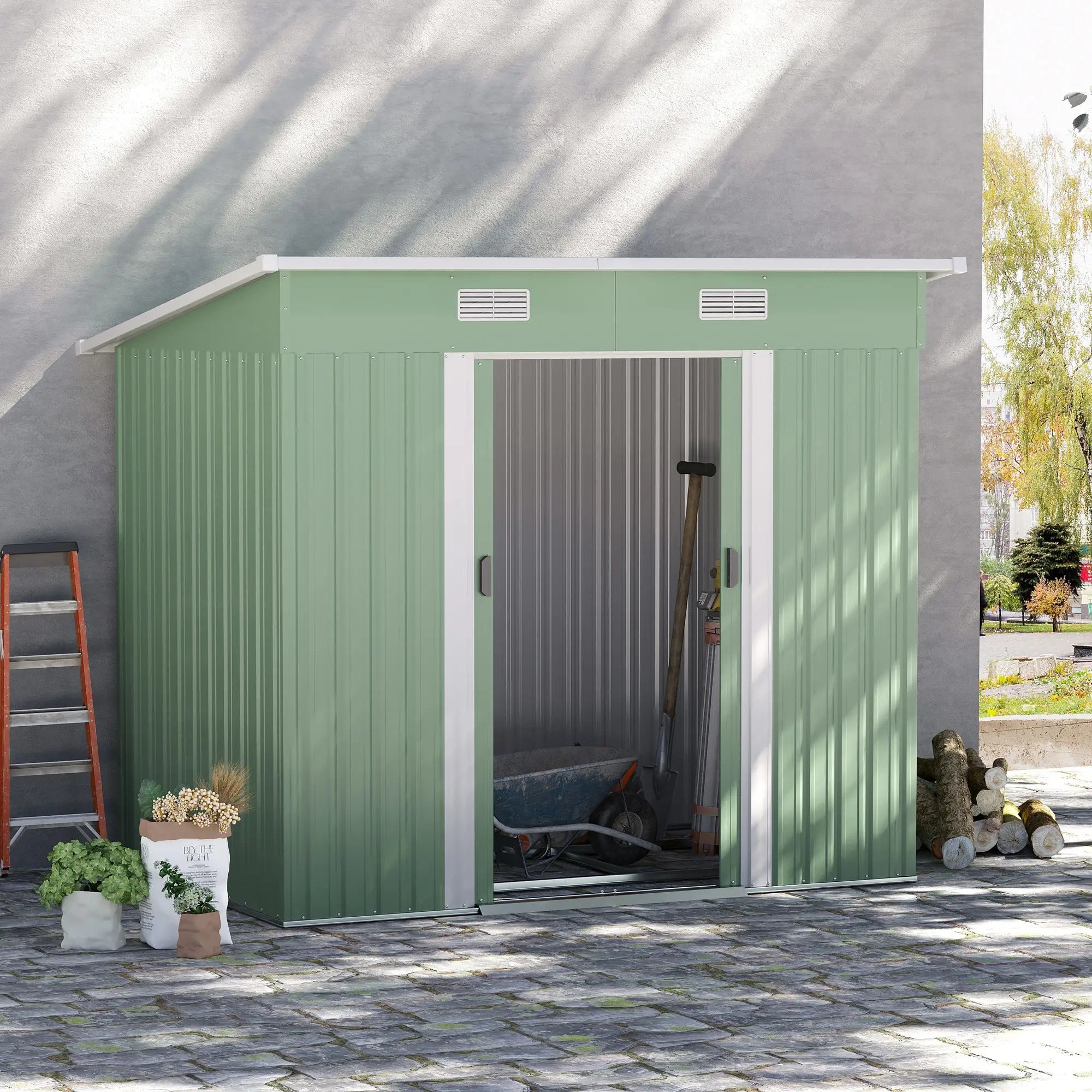 7'x4' Metal Patio Storage Shed, Garden Tool Utility, Light Green Sheds at Gallery Canada