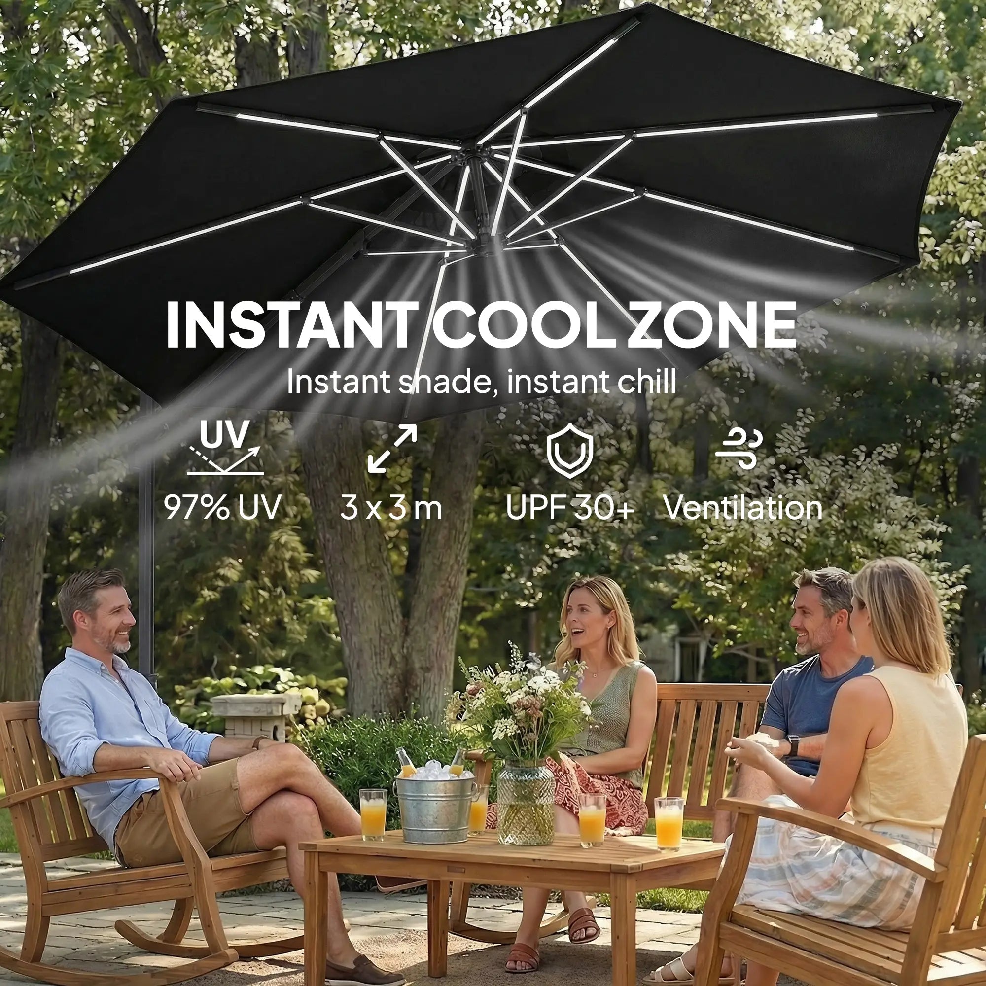 10 ft Offset Patio Umbrella With Solar Light, 360° Rotation, Tilt, Cover, Black Offset Cantilever Umbrellas at Gallery Canada