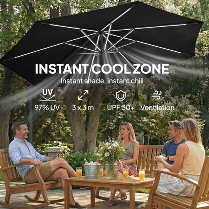 10 ft Offset Patio Umbrella With Solar Light, 360° Rotation, Tilt, Cover, Black Offset Cantilever Umbrellas at Gallery Canada