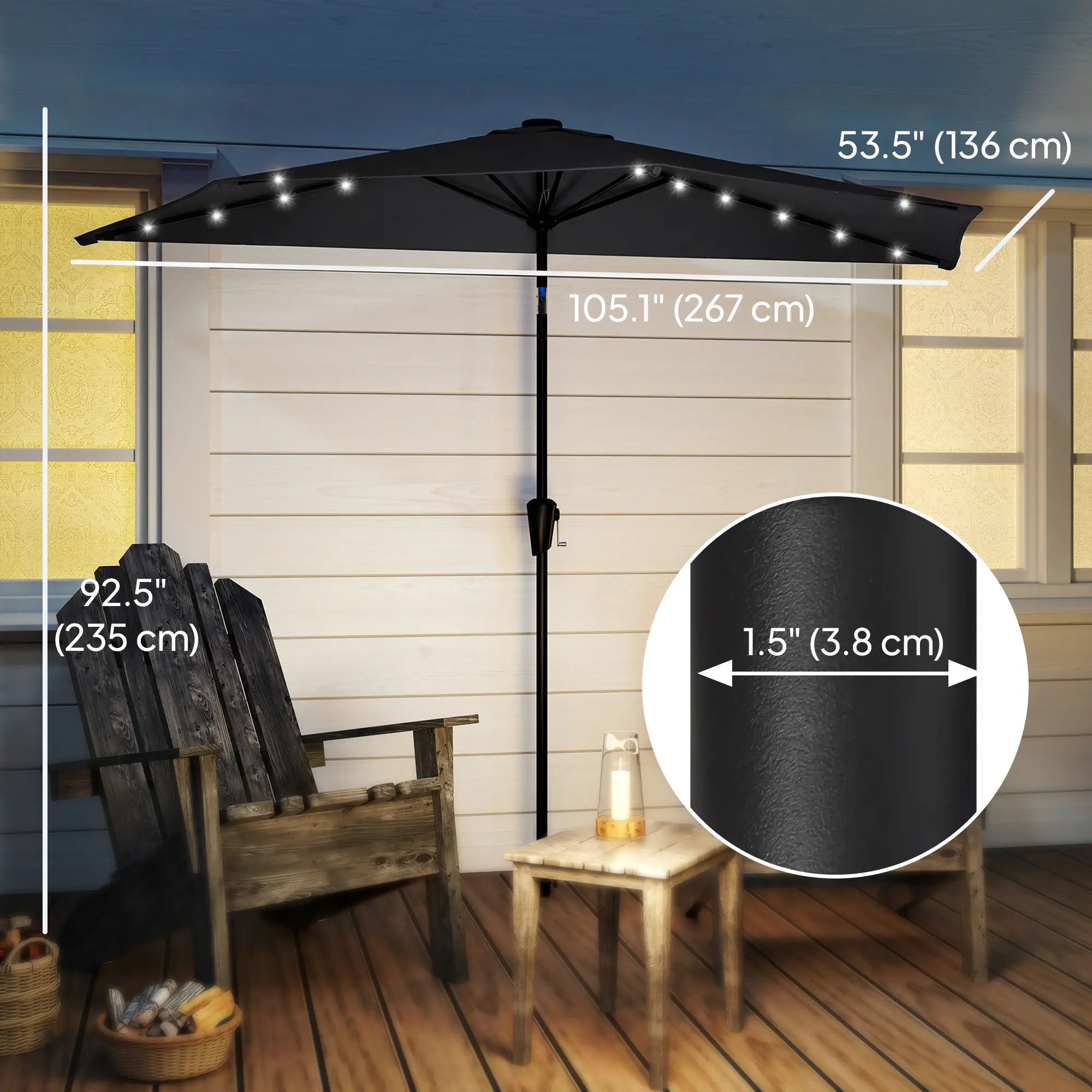 Half Outdoor Patio Umbrella, Solar LED Lights, Crank, 105.1