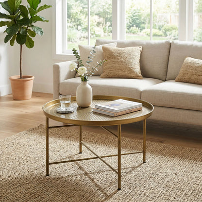 Vintage Coffee Table for Living Room, 24" Round Center Table with Hammered Tray Top and Metal Frame, Gold Coffee Tables at Gallery Canada