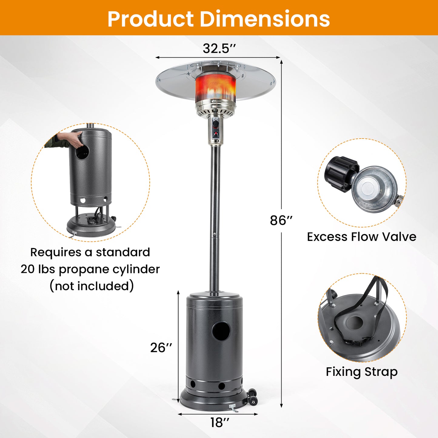 50,000 BTU Patio Propane Gas Heater, Stainless Steel Burner, Gray Patio Heaters at Gallery Canada