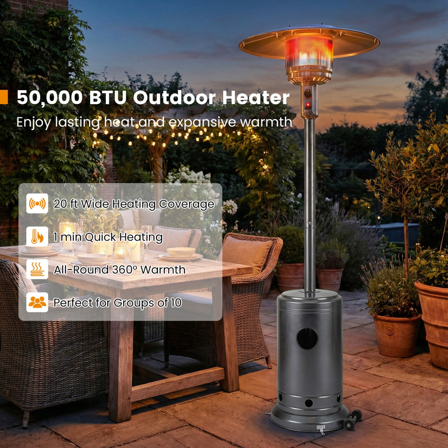 50,000 BTU Patio Propane Gas Heater, Stainless Steel Burner, Gray Patio Heaters at Gallery Canada