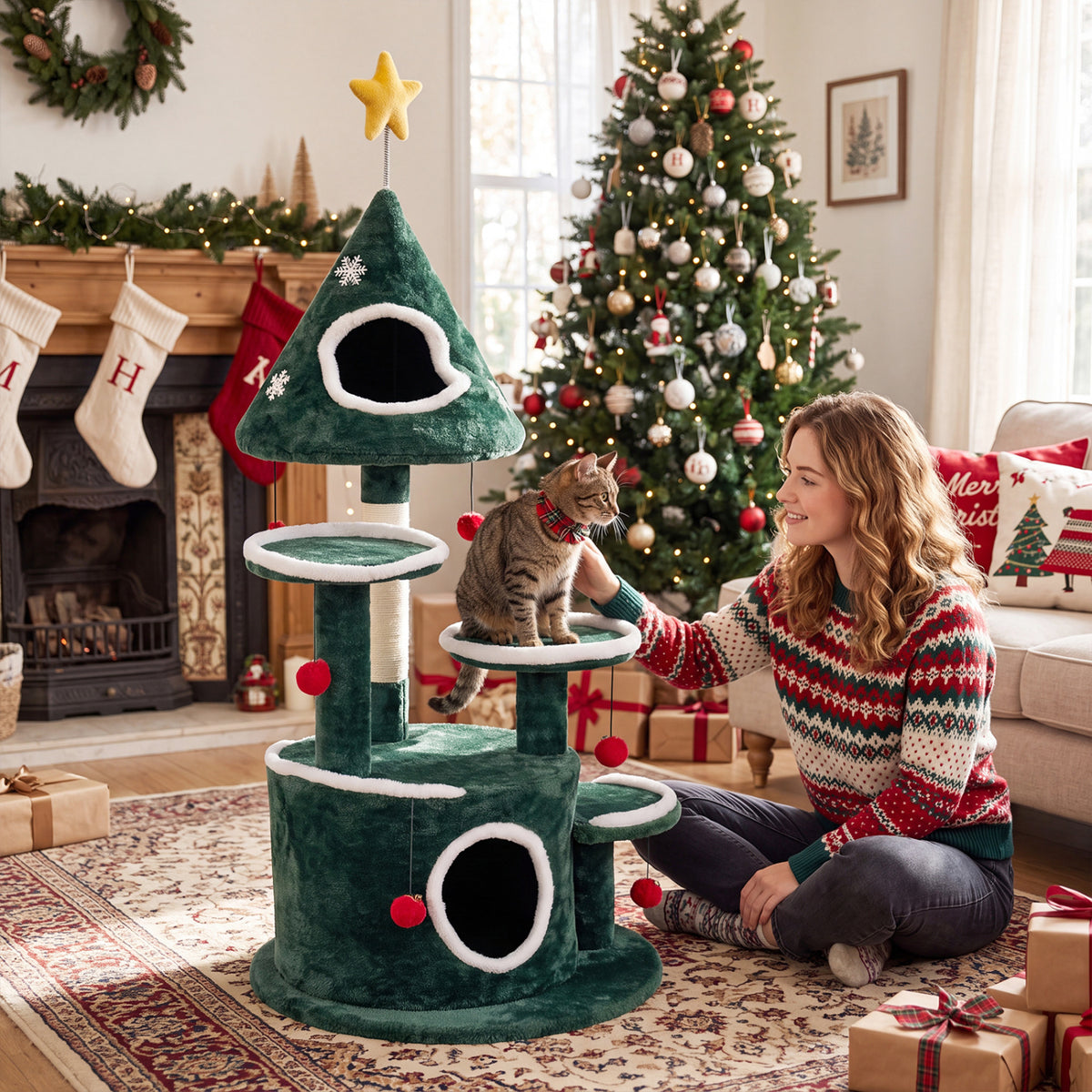 50" Cat Tree, 2 Condos, Sisal Scratching Post, Green