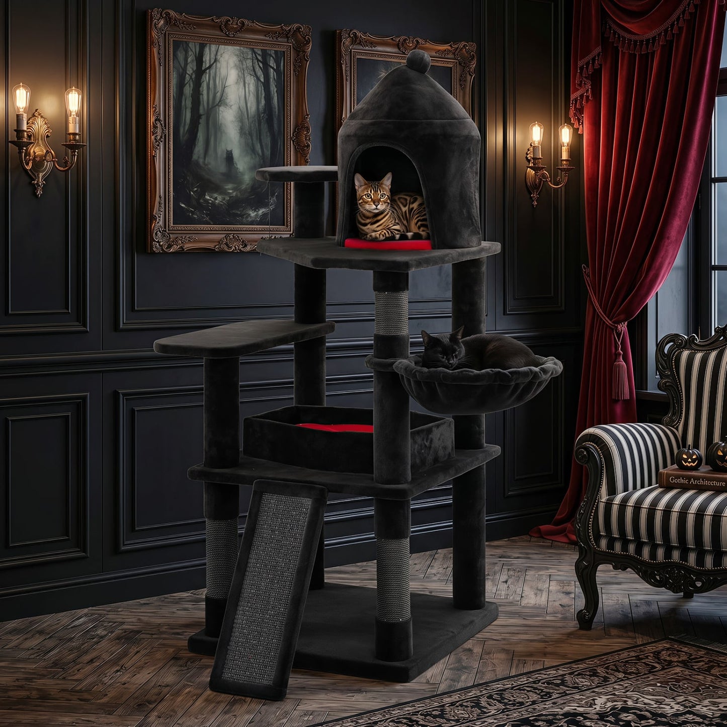 50 Inch Gothic Multi-Level Cat Tree With House