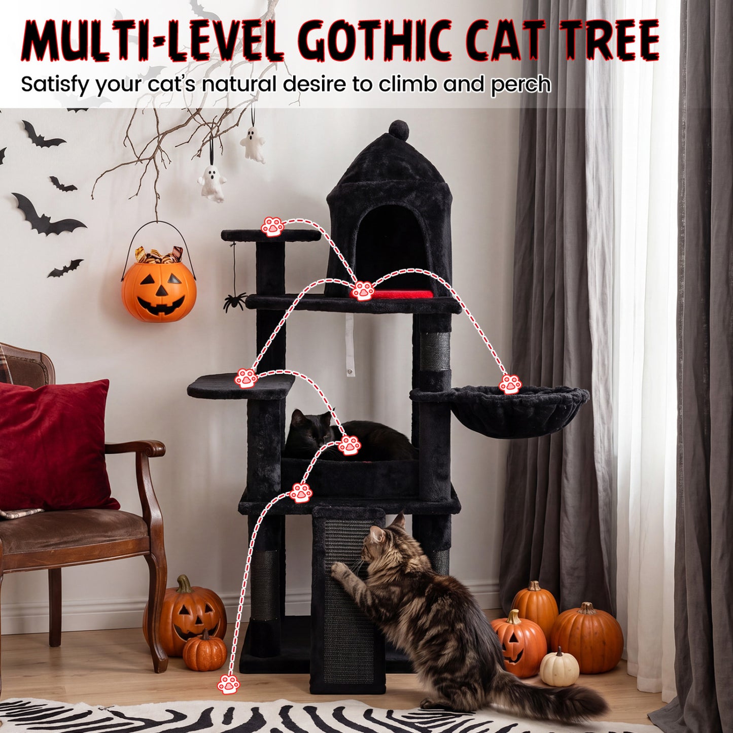 50 Inch Gothic Multi-Level Cat Tree With House