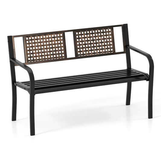 50 Inch Outdoor Metal Garden Bench with Rattan-Like Backrest for 2-3 People, Black Outdoor Benches Black at Gallery Canada