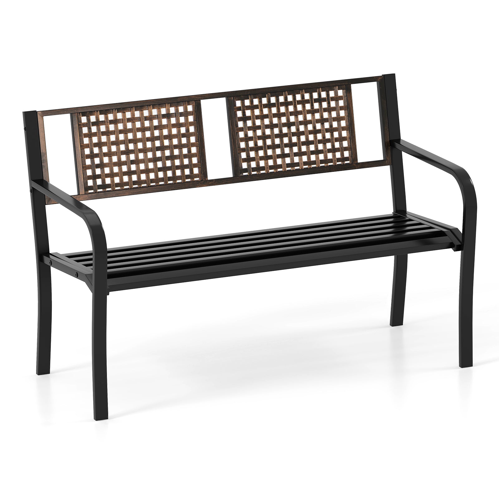 50 Inch Outdoor Metal Garden Bench with Rattan-Like Backrest for 2-3 People, Black Outdoor Benches at Gallery Canada