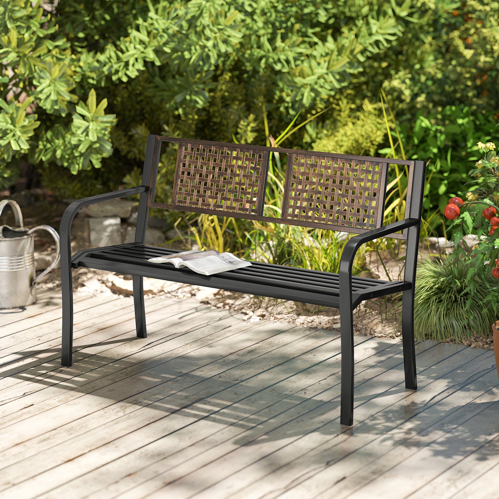 50 Inch Outdoor Metal Garden Bench with Rattan-Like Backrest for 2-3 People, Black Outdoor Benches at Gallery Canada