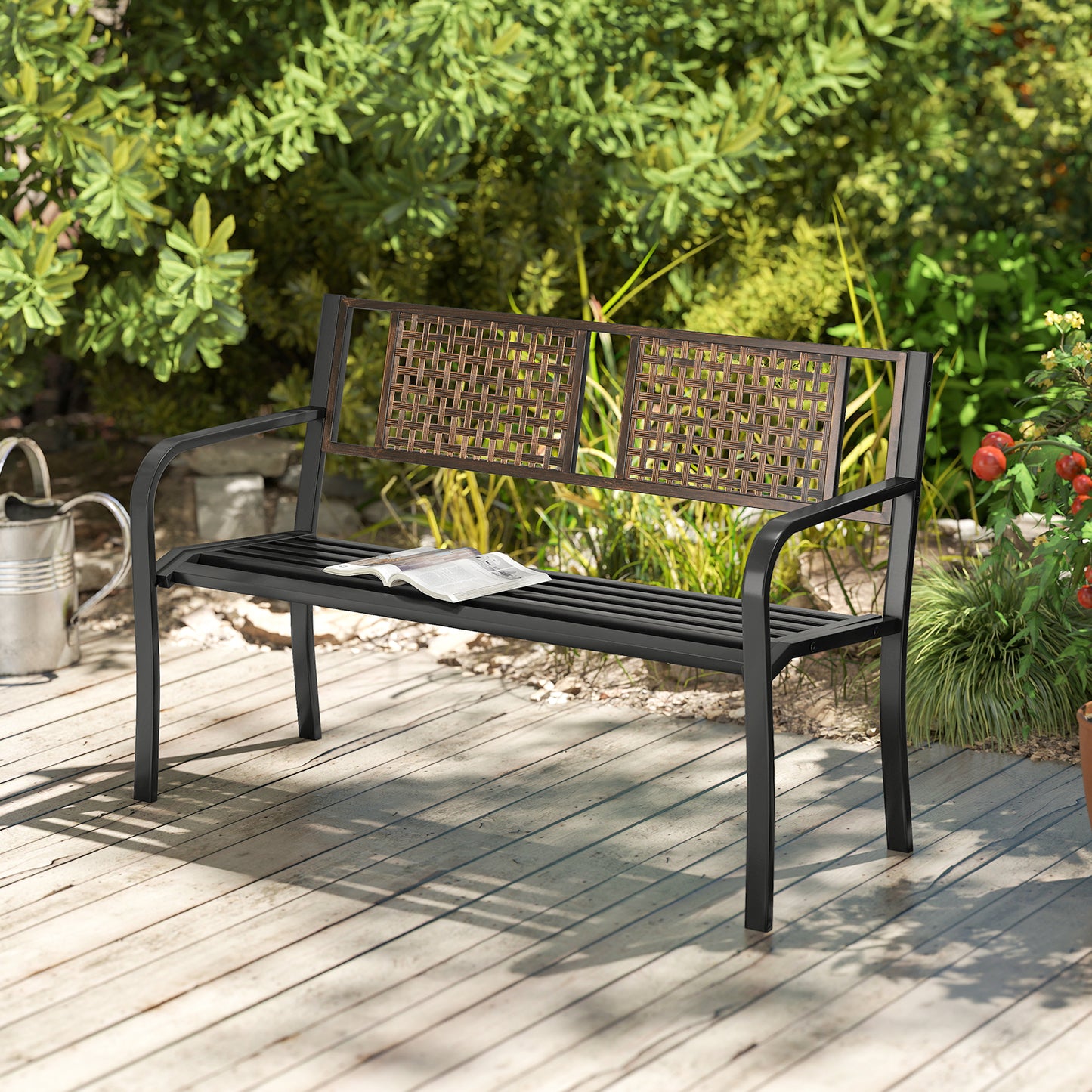 50 Inch Outdoor Metal Garden Bench with Rattan-Like Backrest for 2-3 People, Black Outdoor Benches at Gallery Canada